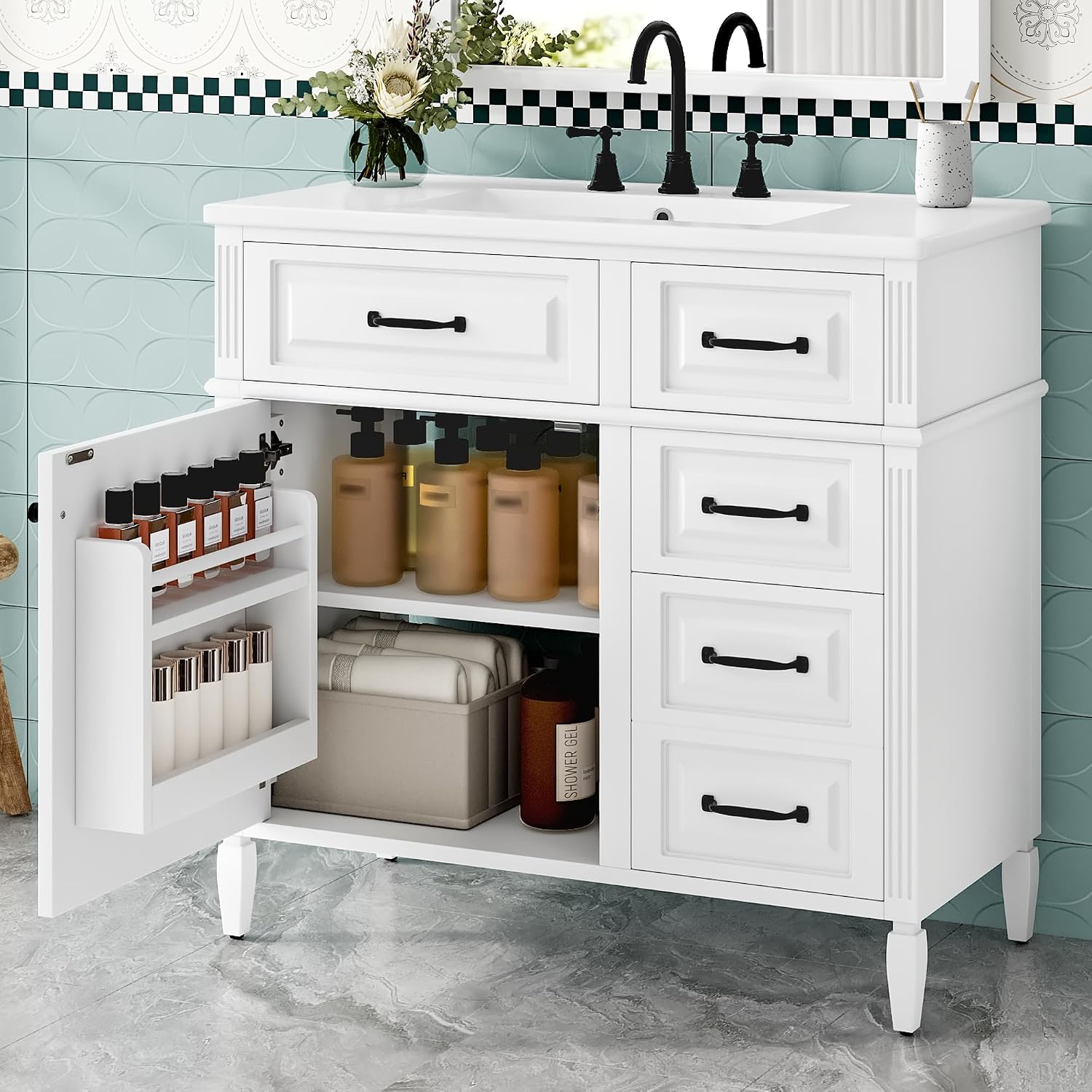 36' Bathroom Vanities Cabinet with Ceramic Sink Top, Tip-Out Drawers and Door Shelf, Soft-Closing Door, Solid Wood Legs, White