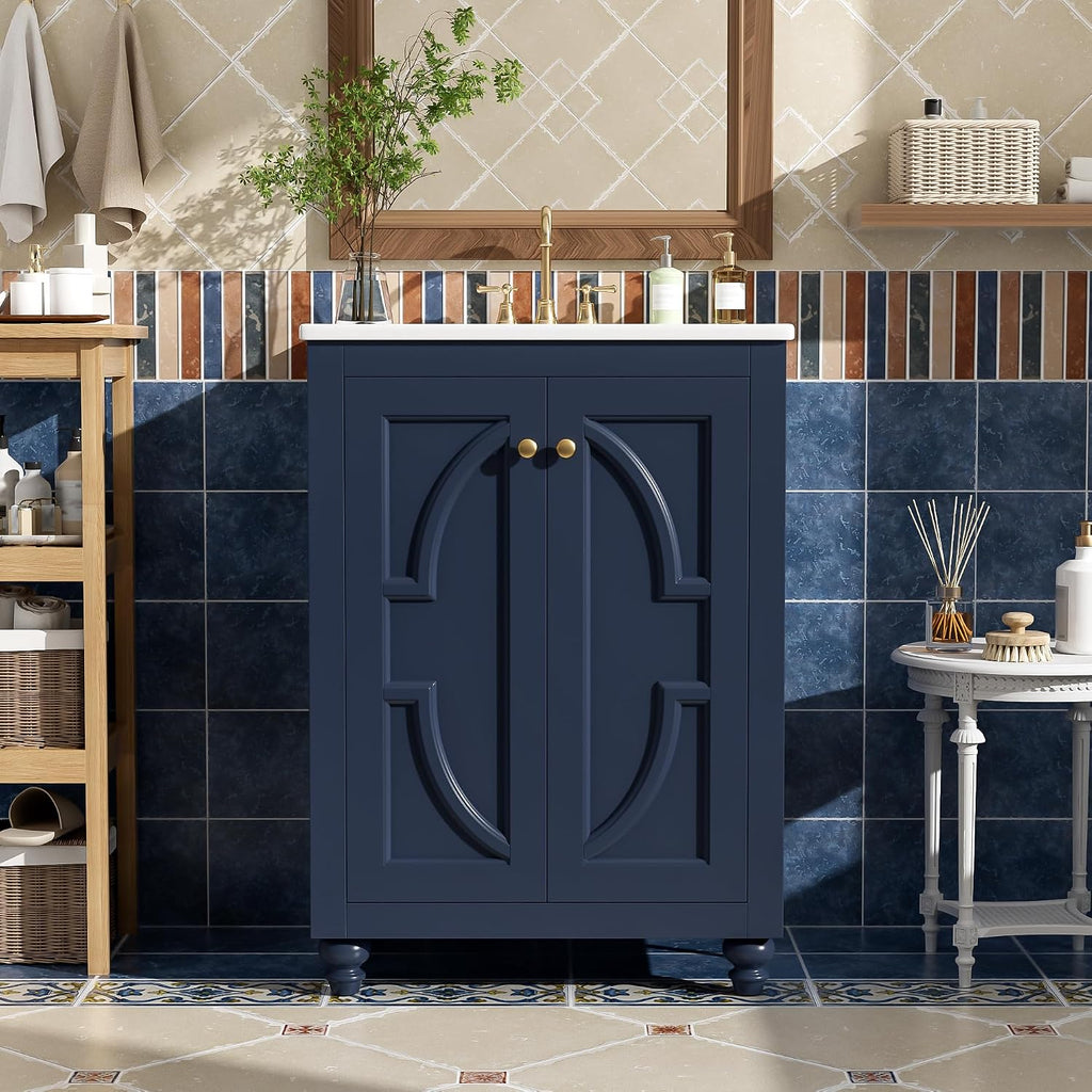VilroCaz 24' Modern Bathroom Vanity with Ceramic Sink, Ornate Elliptical Motif Design & Soft-Close Hinges, Wood Bathroom Cabinet with Ball-Turned Legs, French Elegance (Blue-Ele)