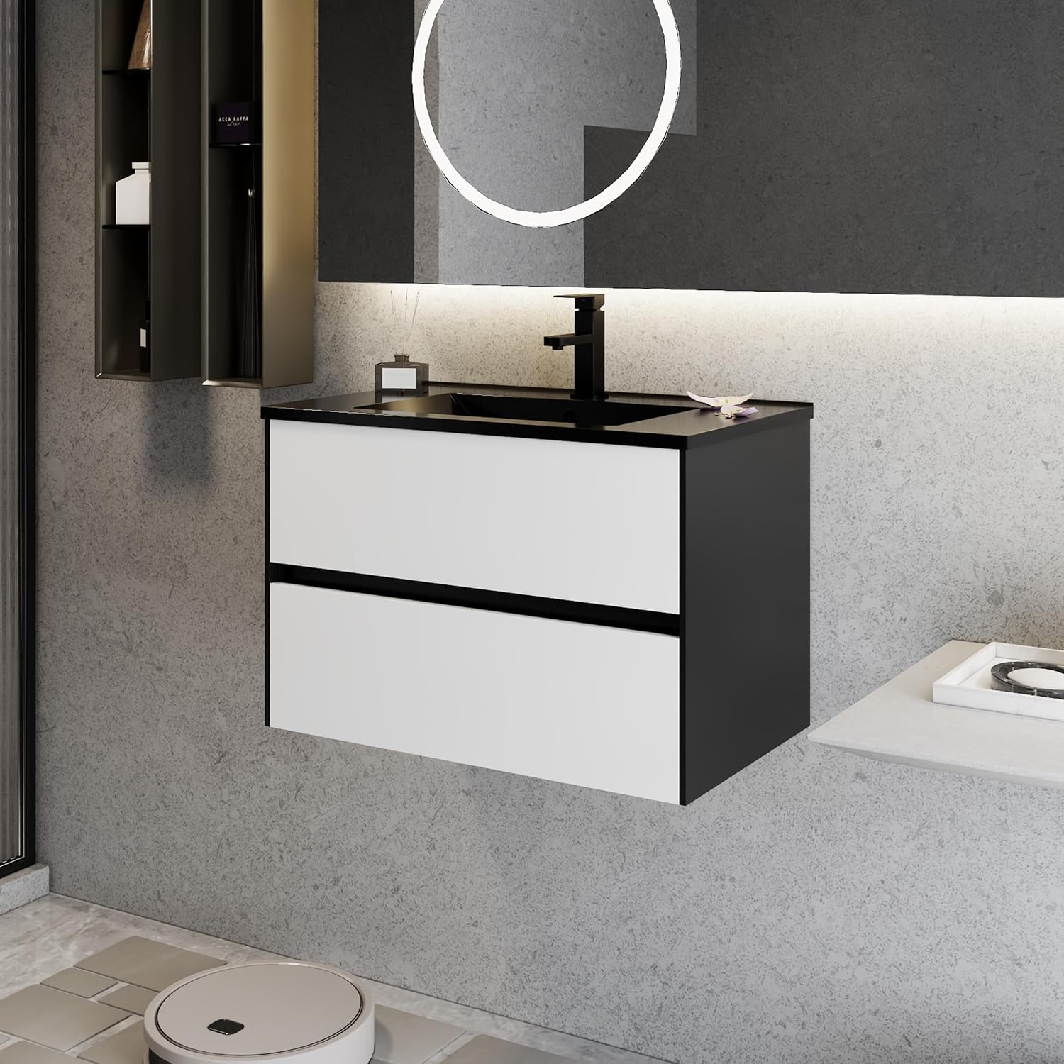 eclife 30' Bathroom Vanity Cabinet with Undermount Black Sink Combo, Wall Mounted Floating Bathroom Cabinet with Colors Mixed Style, 2 Big Drawers & Matte Black Faucet