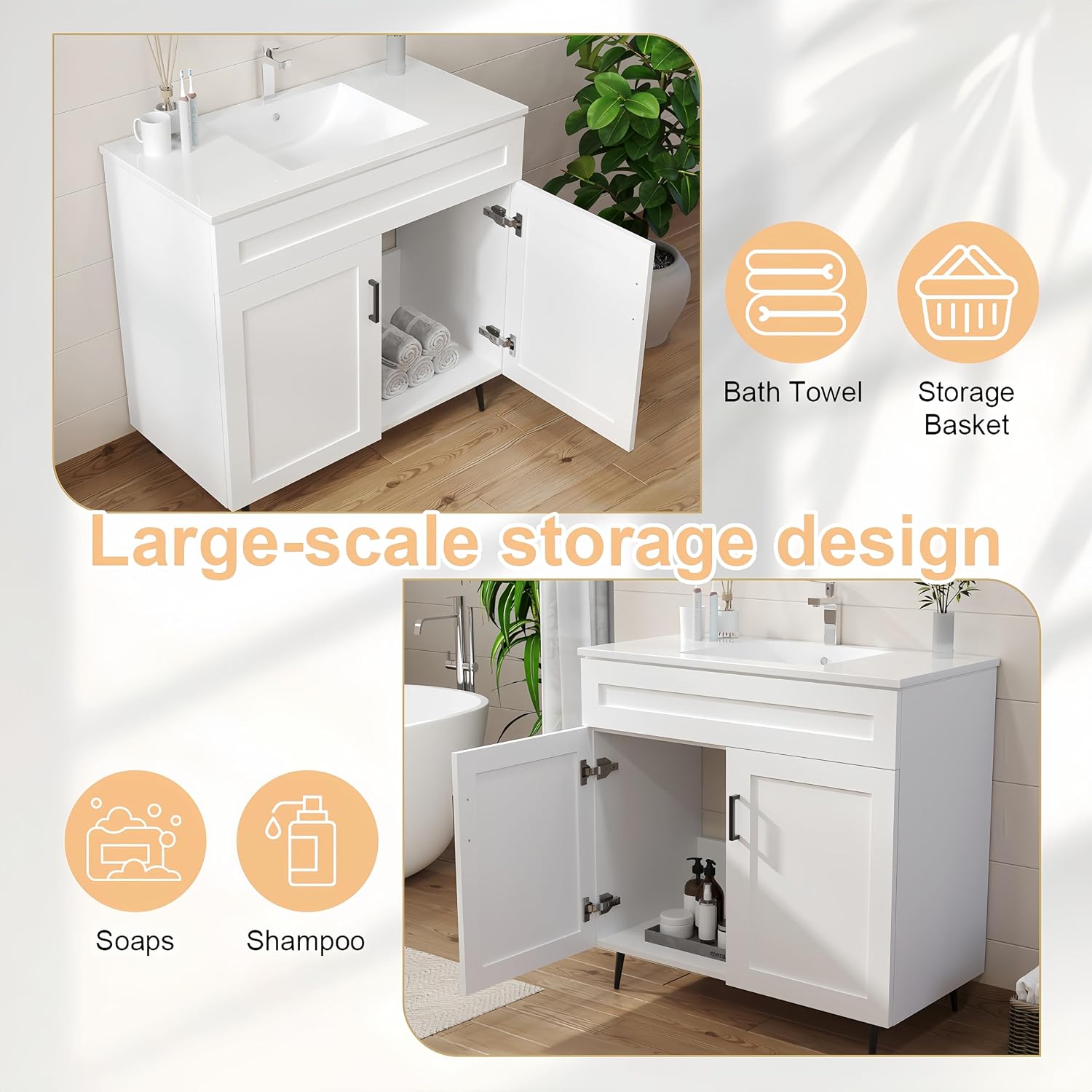 36 Inch Bathroom Vanity with Ceramic Sink - Modern Farmhouse Style Sink Cabinet, Easy Tool-Free Installation, for Bathroom Remodel and Upgrade (White)