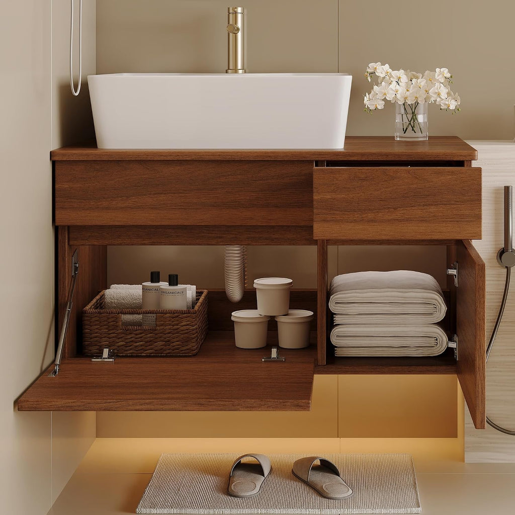 32 inch Bathroom Vanity with Counter Top Ceramic Sink Modern Floating Bathroom Vanities with 1 Drawers and 2 Storage Cabinets, 32' Wall Mounted Bathroom Vanity Wood Cabinet with Sink, Walnutl