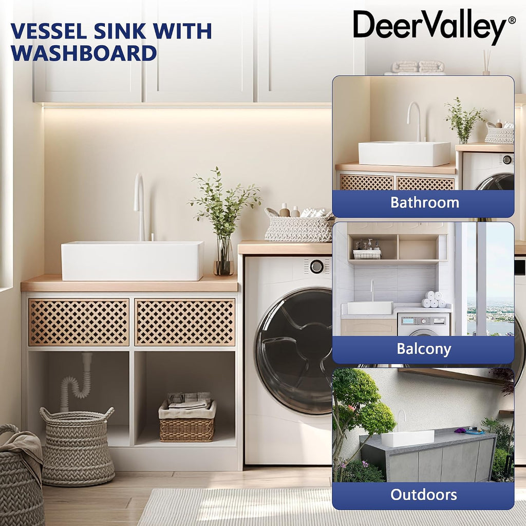 DeerValley 24x15 Inch Utility Vessel Sink, White Ceramic Rectangular Basin with Built-In Washboard and Side Drain, Laundry or Bathroom Sink, DV-1V0321