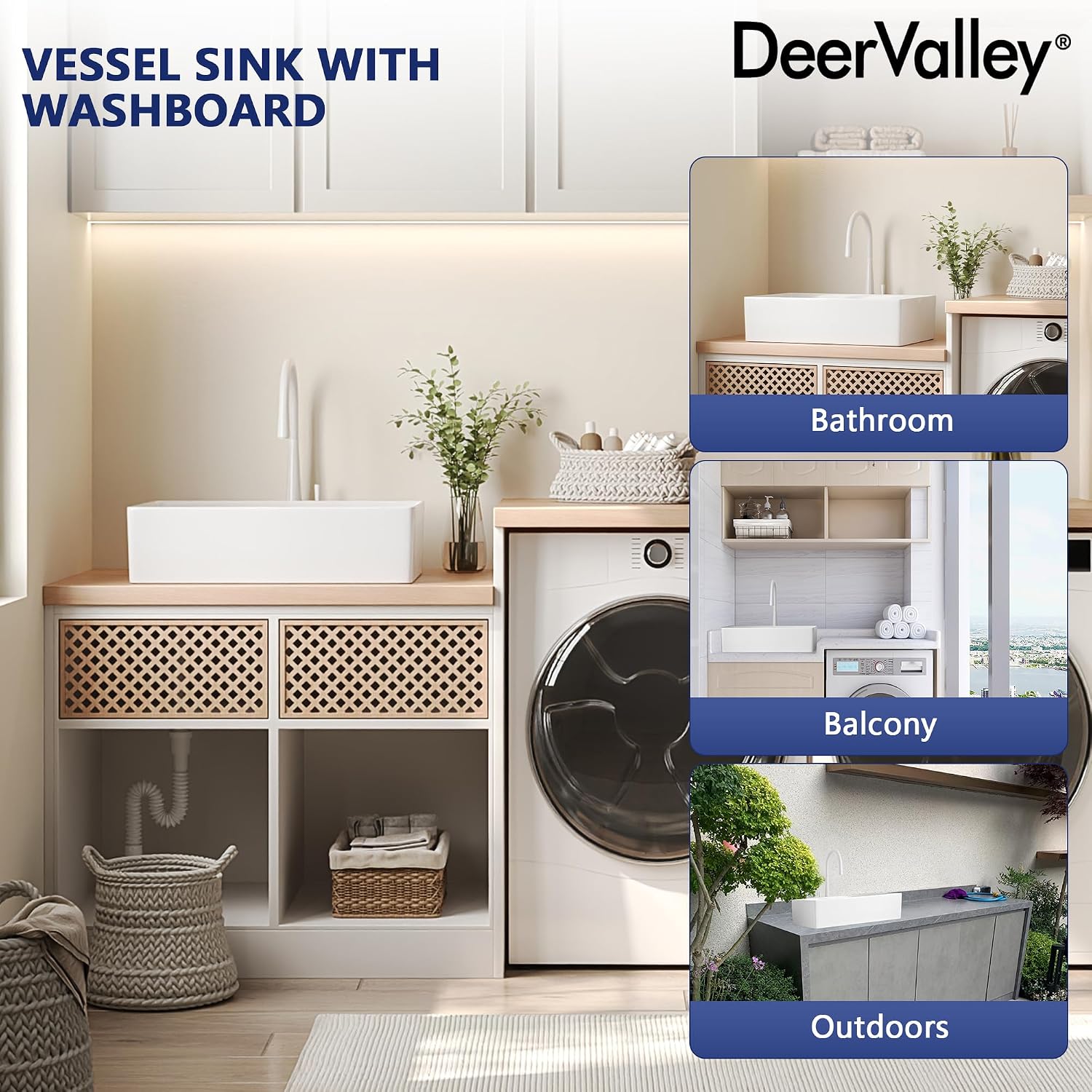 DeerValley 24x15 Inch Utility Vessel Sink, White Ceramic Rectangular Basin with Built-In Washboard and Side Drain, Laundry or Bathroom Sink, DV-1V0321