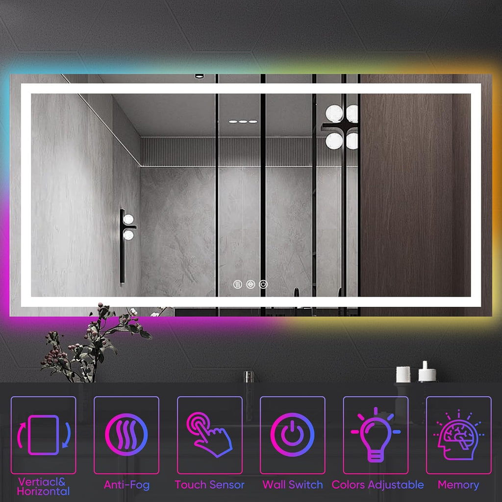 Antok 72x32 LED Bathroom Mirror with Lights, Backlit + Front Lit Vanity Mirror with CRI>90, Dimmable Anti-Fog Smart Mirror with Memory Function, 11 Color Temperatures, Shatterproof Tempered Glass, ETL