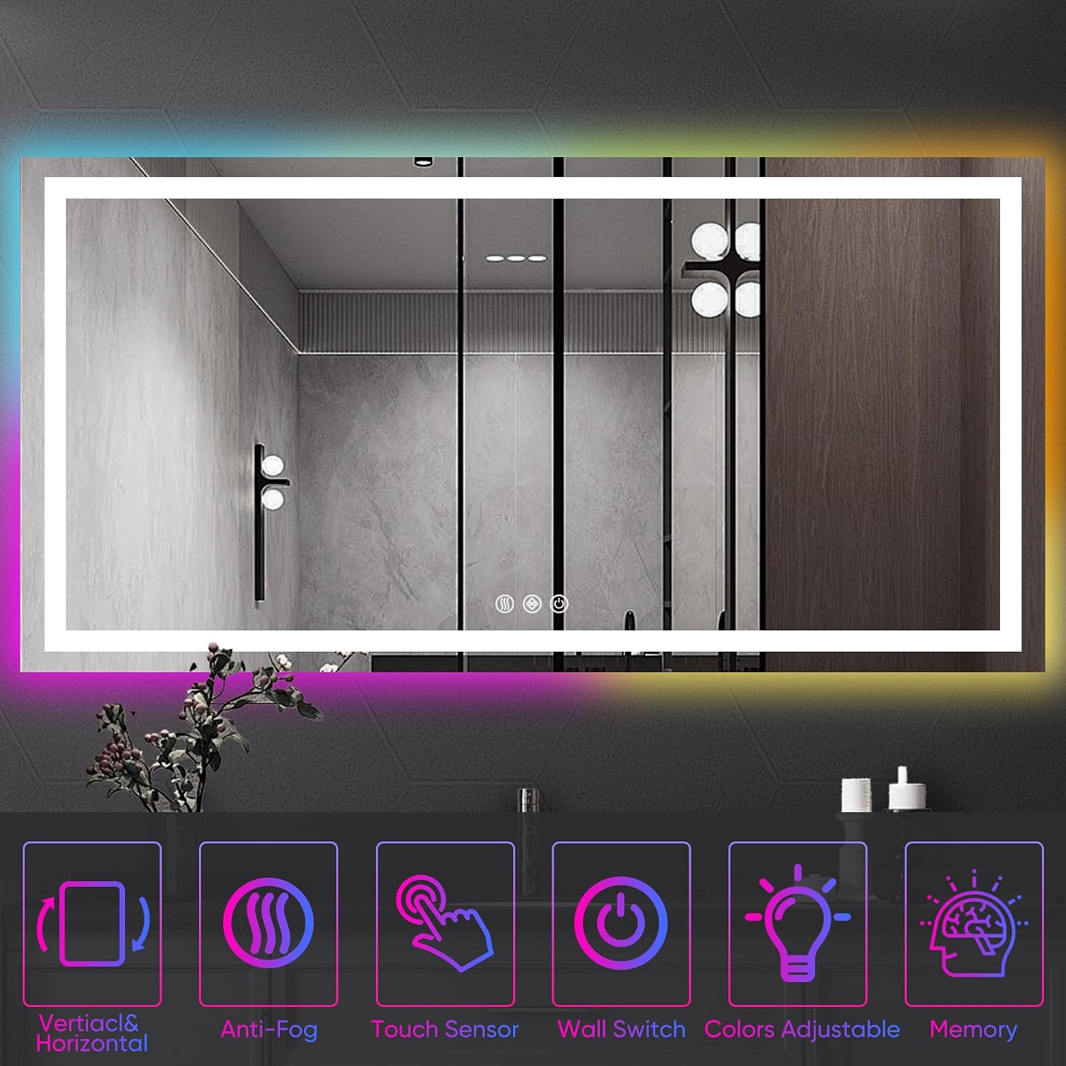 Antok 72x32 LED Bathroom Mirror with Lights, Backlit + Front Lit Vanity Mirror with CRI>90, Dimmable Anti-Fog Smart Mirror with Memory Function, 11 Color Temperatures, Shatterproof Tempered Glass, ETL
