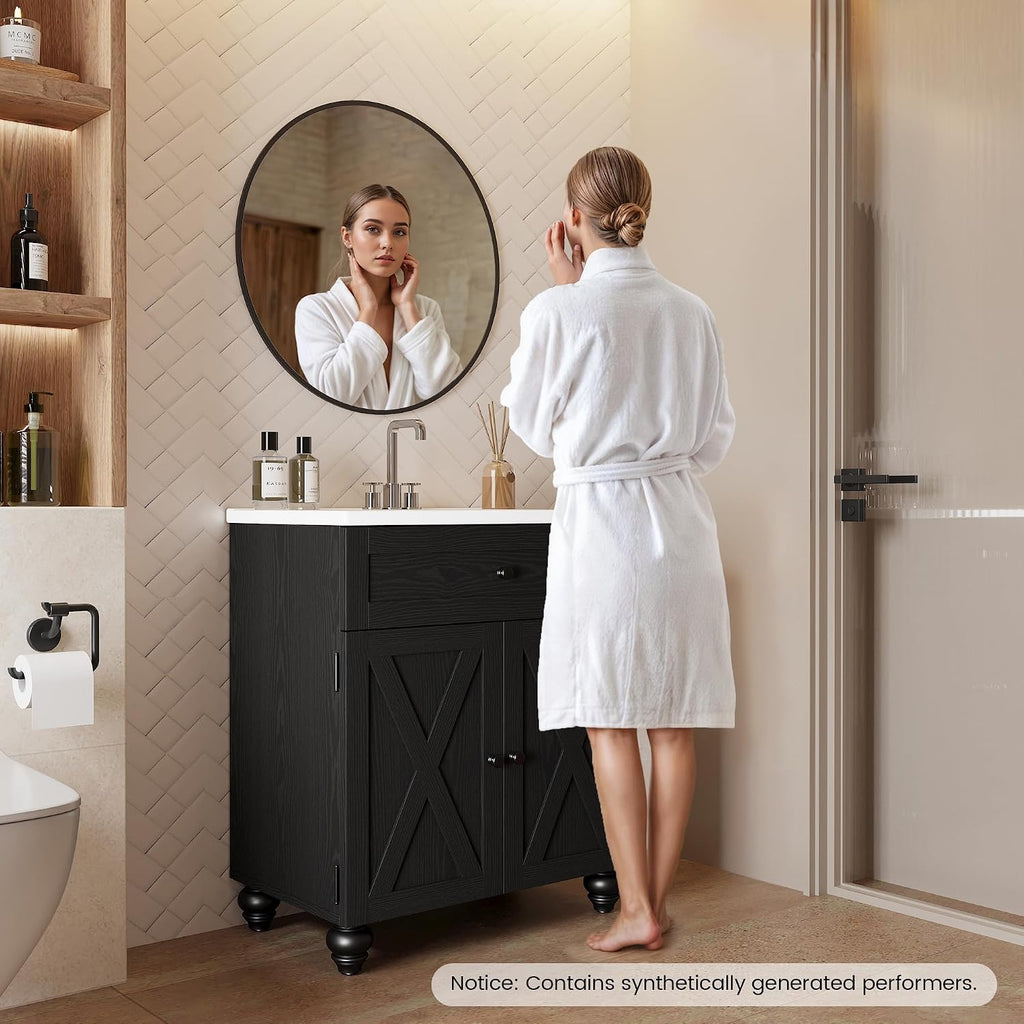 30 Inch Bathroom Vanity with Sink Easy-to-Install 30' Bathroom Vanity 2-Tier Large Storage Areas with Adjustable Shelves 4-Tier Storage Compartments Tip-out Drawer 2 Hooks Solid Wood Legs Black