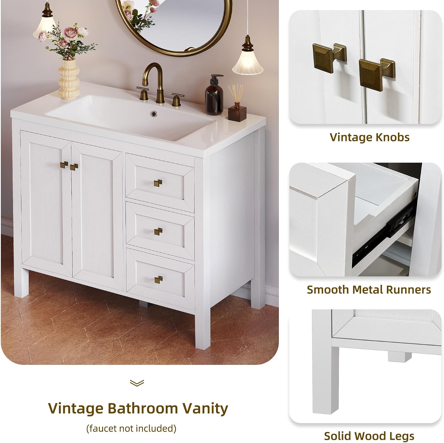 DWVO 36 Inch Bathroom Vanity with Sink, Modern Bathroom Storage Cabinet with Resin Basin, Three Holes, 2 Doors & 3 Drawers