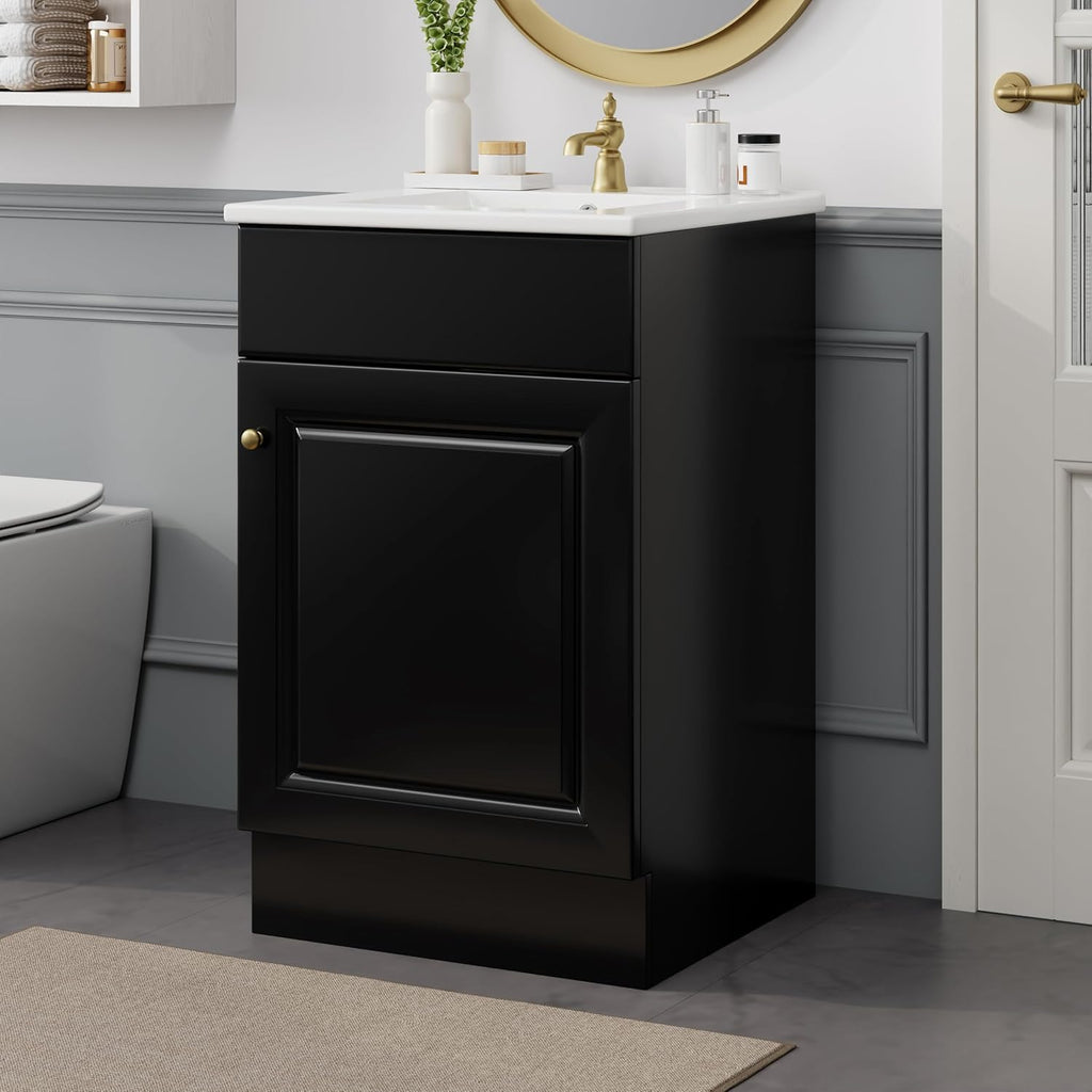 20 Inch Bathroom Vanity Sink Combo, Free Standing Single Bathroom Storage Cabinet with Adjustable Shelf & Storage Rack, Wooden Bathroom Vanity Set with Ceramic Basin for Bathroom (Black)