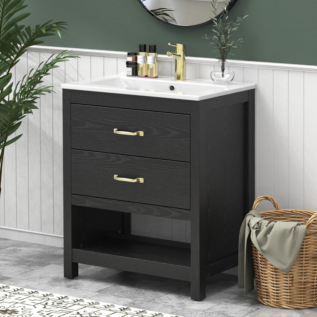 Bathroom Vanity with Sink 24 Inch, Modern Bathroom Cabinet Set with LED Light for Small Space, 2 Soft-Close Drawers with Organizer, Deep and Sloped Single Sink, Easy Assembly, Black