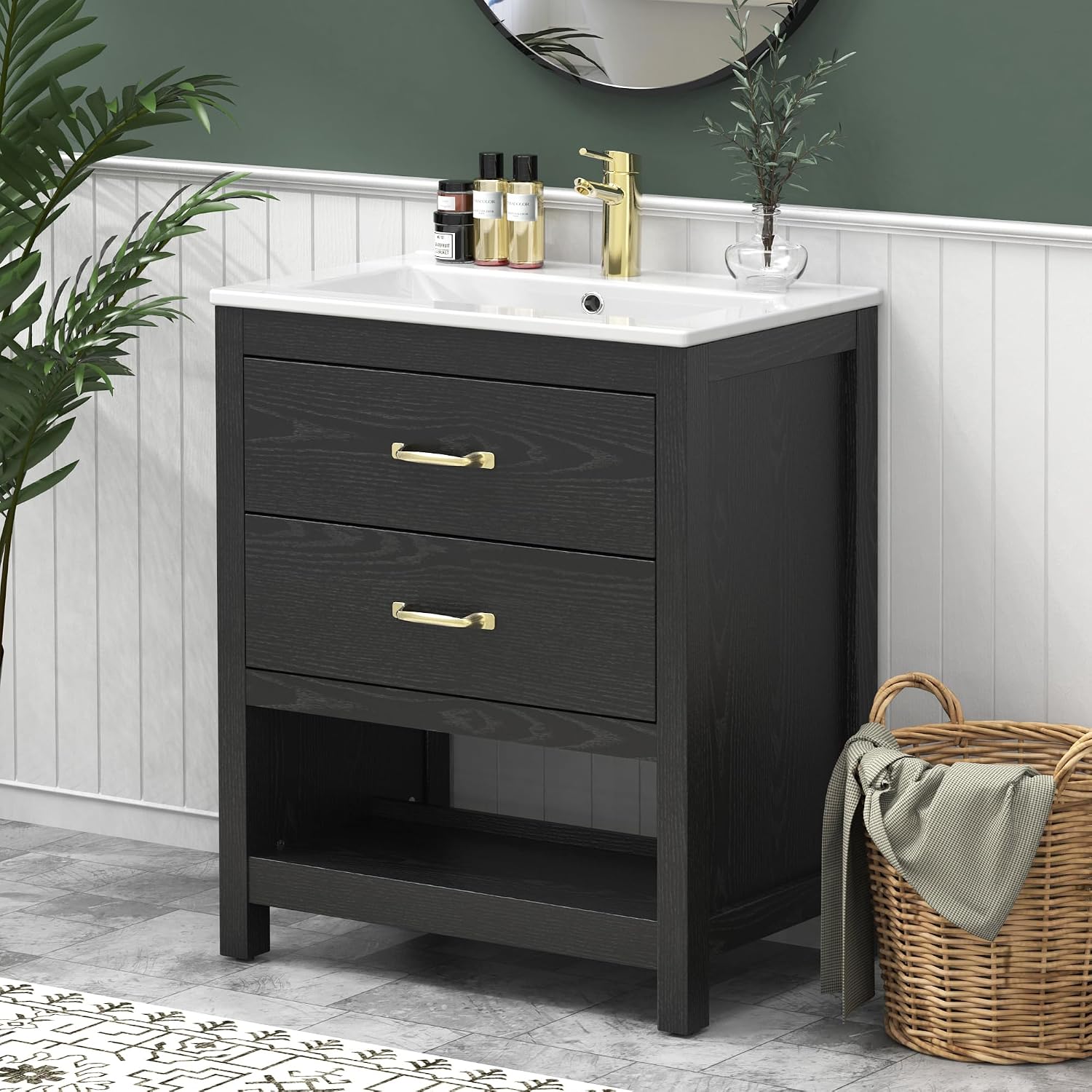 Bathroom Vanity with Sink 24 Inch, Modern Bathroom Cabinet Set with LED Light for Small Space, 2 Soft-Close Drawers with Organizer, Deep and Sloped Single Sink, Easy Assembly, Black