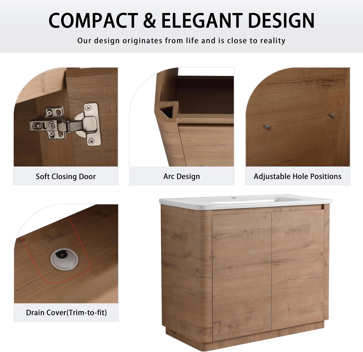 40' Bathroom Vanity with Sink, 40 Inch FreeStanding Vanity, Single Sink Floor Stand Vanity Combo, Modern Brown Bathroom Vanity Set with 2 Soft-Close Door and White Basin Sink