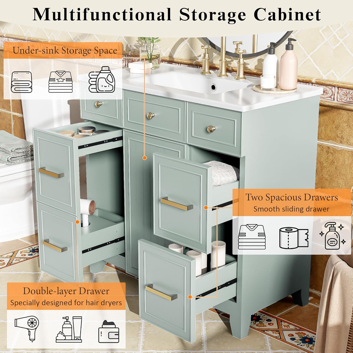 36' Bathroom Vanity with Ceramic Sink Countertop 1 Soft Close Doors 4 Drawers Adjustable Shelves Undermount Vanity with Storage (Green)