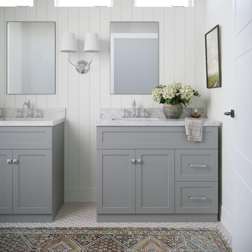 ARIEL 36-Inch Grey Bathroom Vanity with Sink, Solid Wood Base, 1.5-Inch Edge Italian Carrara Marble Top, Left Rectangular Sink, 2 Soft-Close Doors, 5 Drawers