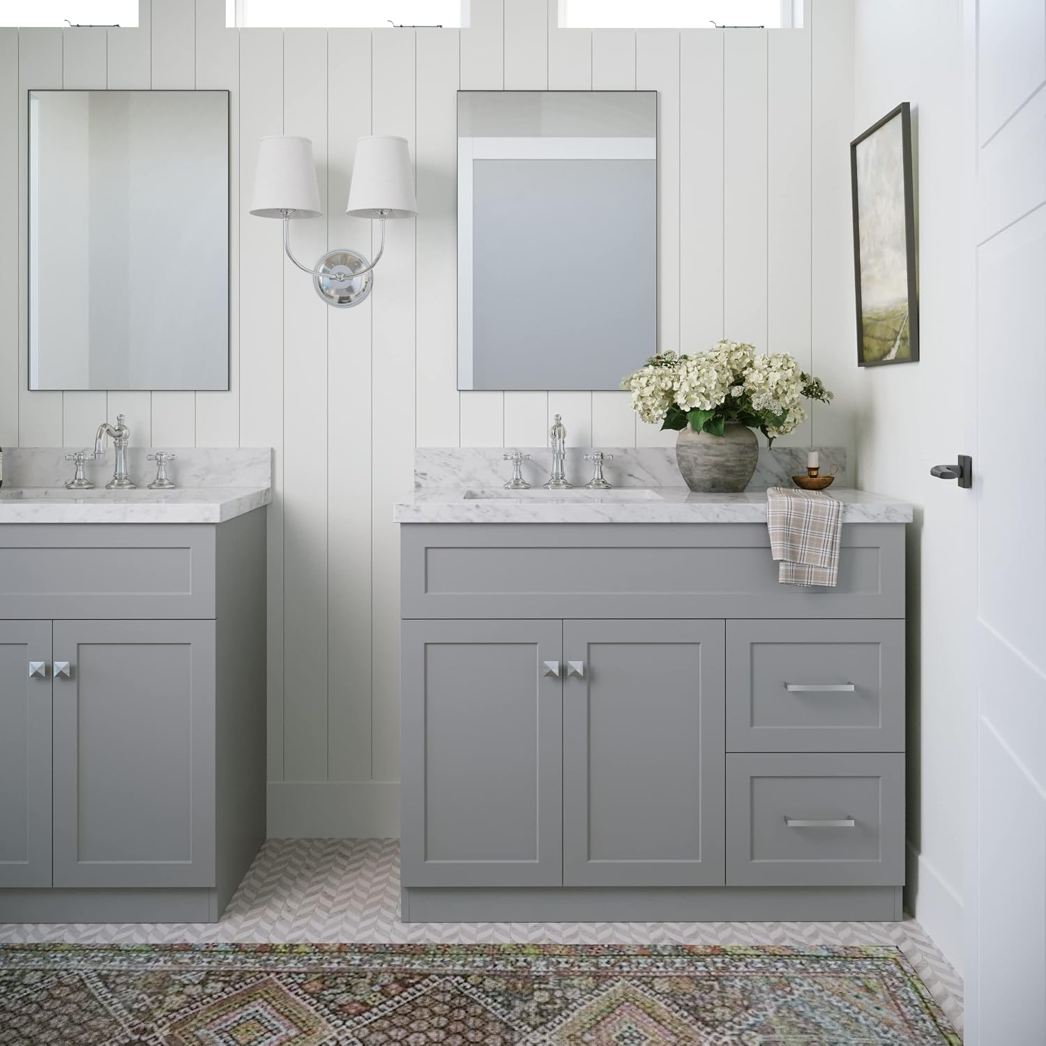 ARIEL 36-Inch Grey Bathroom Vanity with Sink, Solid Wood Base, 1.5-Inch Edge Italian Carrara Marble Top, Left Rectangular Sink, 2 Soft-Close Doors, 5 Drawers