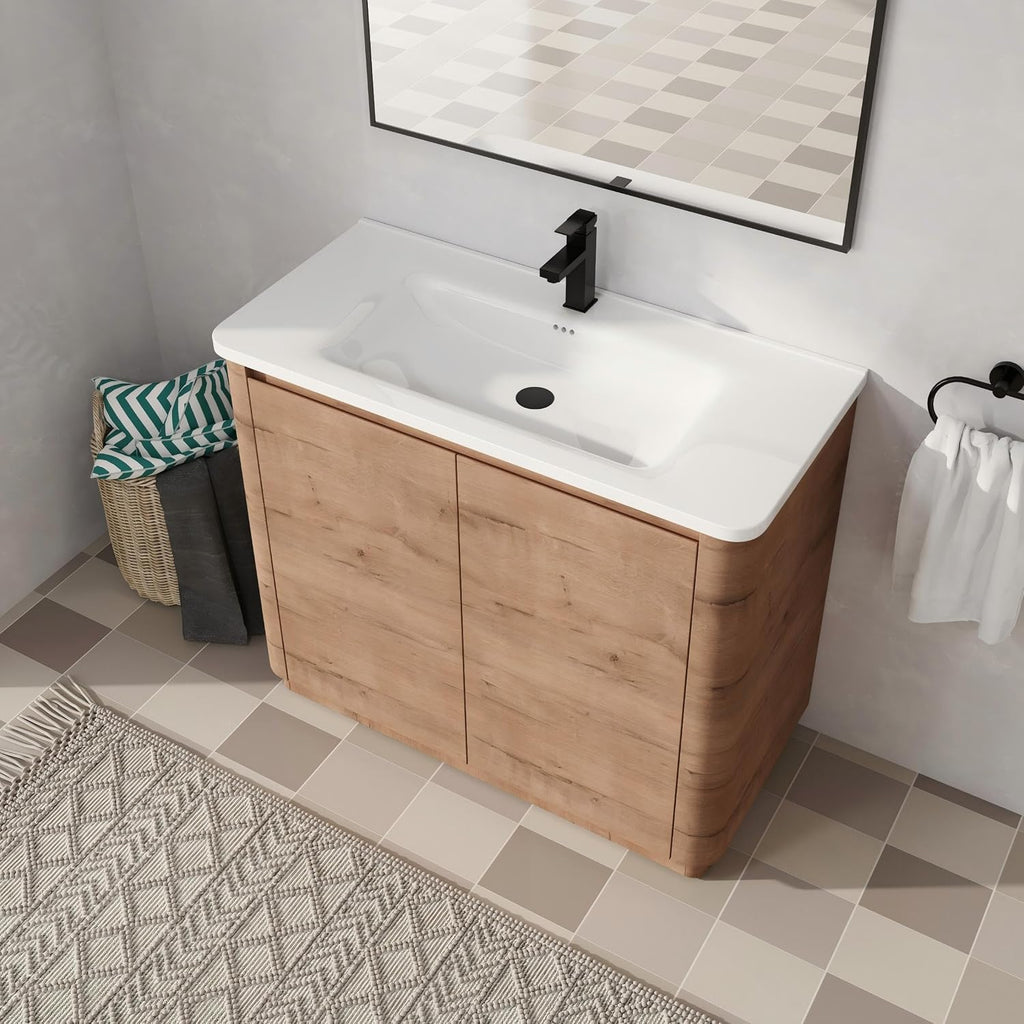 40' Bathroom Vanity with Sink, 40 Inch FreeStanding Vanity, Single Sink Floor Stand Vanity Combo, Modern Brown Bathroom Vanity Set with 2 Soft-Close Door and White Basin Sink