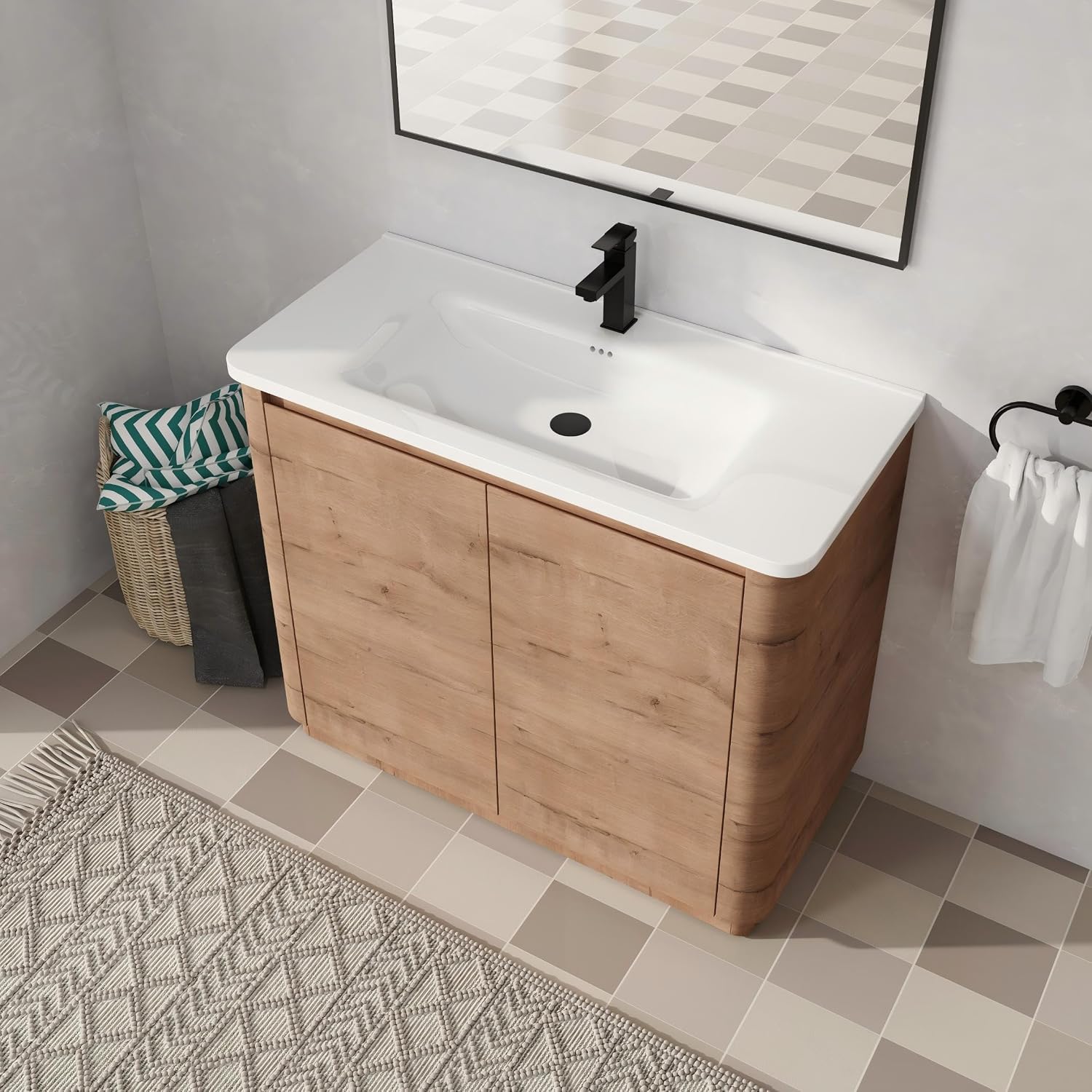 40' Bathroom Vanity with Sink, 40 Inch FreeStanding Vanity, Single Sink Floor Stand Vanity Combo, Modern Brown Bathroom Vanity Set with 2 Soft-Close Door and White Basin Sink