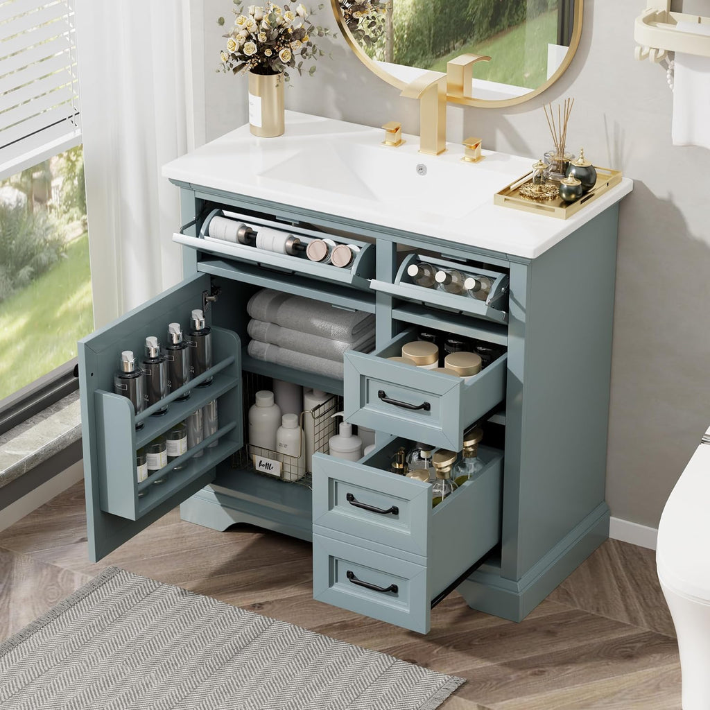 36' Bathroom Vanities with Ceramic Sink Set, Tip-Out Drawers, Storage Cabinet with Door Shelf, Soft-Closing Doors, Grey