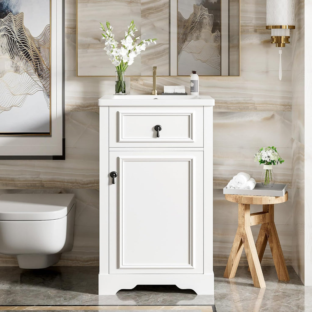 Harper & Bright Designs 20' Bathroom Vanity with Sink, Free Standing Single Basin Vanity Set with Soft Close Door & Adjustable Shelf, Solid Wood Storage Cabinet with Ceramic Basin for Bathroom, White