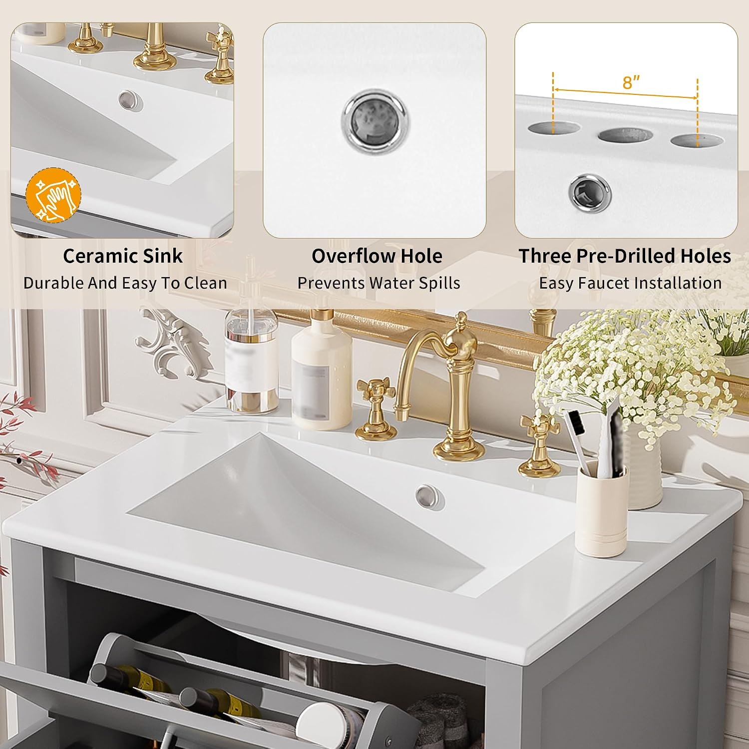 Harper & Bright Designs 24' Bathroom Vanity with Sink, Free Standing Single Basin Vanity Set with 2 Soft-Close Doors and Drawer, Modern Wooden Storage Cabinet with Ceramic Basin for Bathroom, Grey