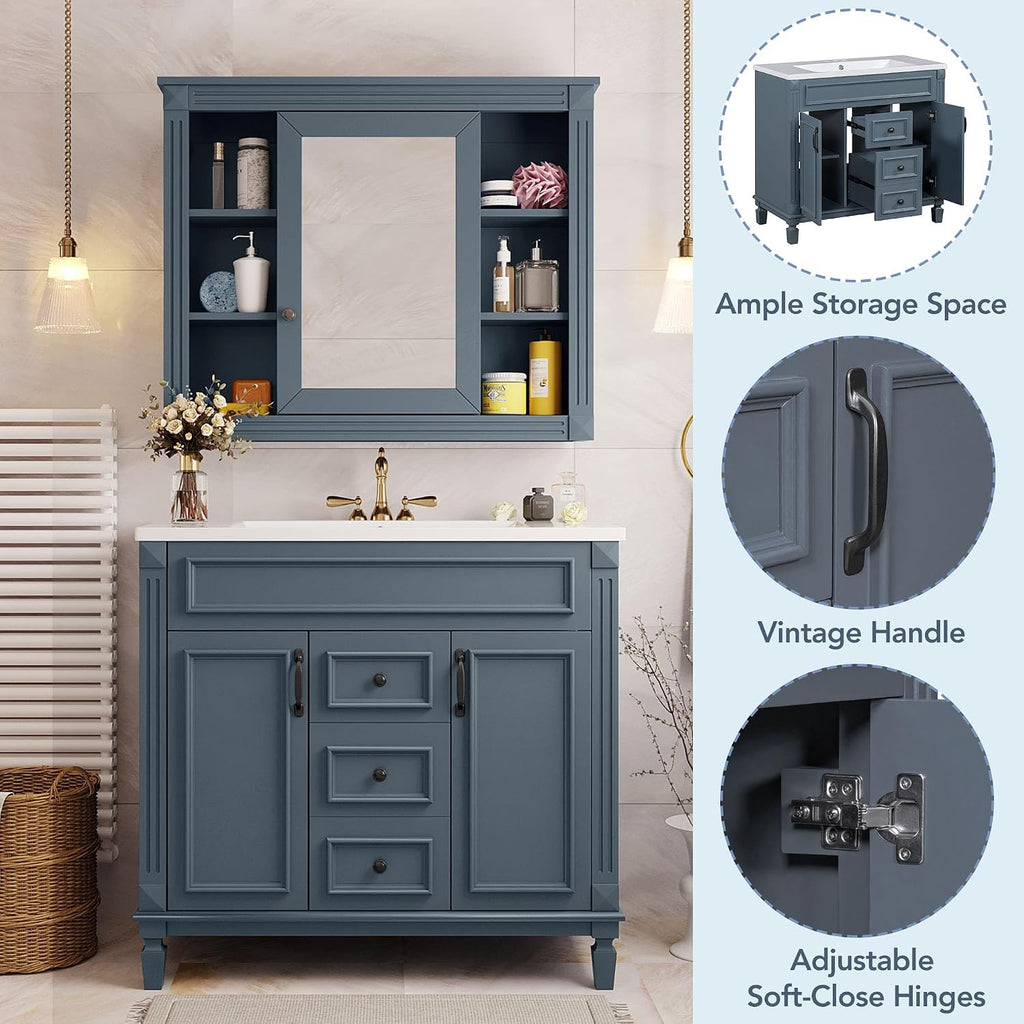 Merax 36' Bathroom Vanities with Matching Medicine Cabinet & Single Sink, Modern Undermount Bathroom Sink Cabinet with 3 Closing Doors & 2 Full Extension Dovetail Drawers