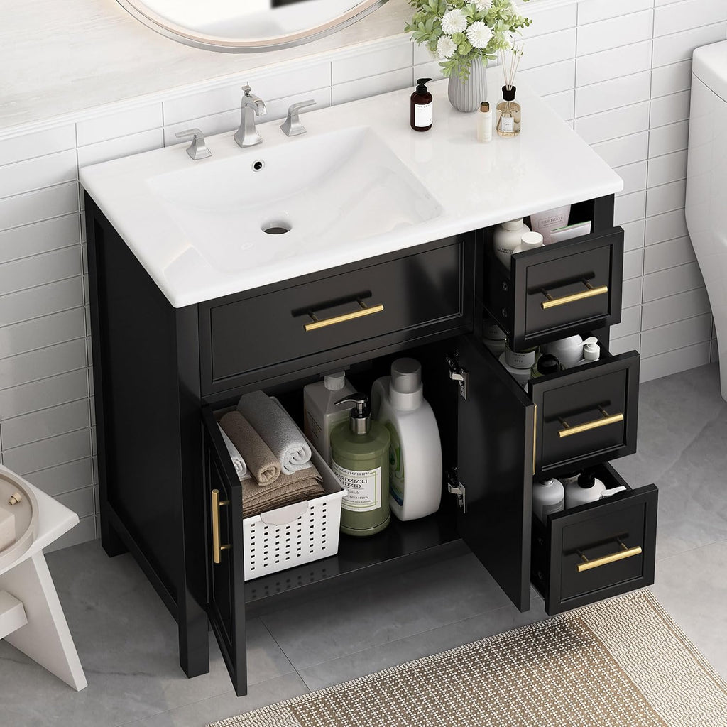 Favfurish 36' Bathroom Vanity with Sink Top and 2 Doors,Water-Resistant Wood Cabinet Vanities w/ 3 Drawers & Chrome-Finish Overflow,Pre-driled Three Faucet Holes,Multi-Functional Storger Space,Black