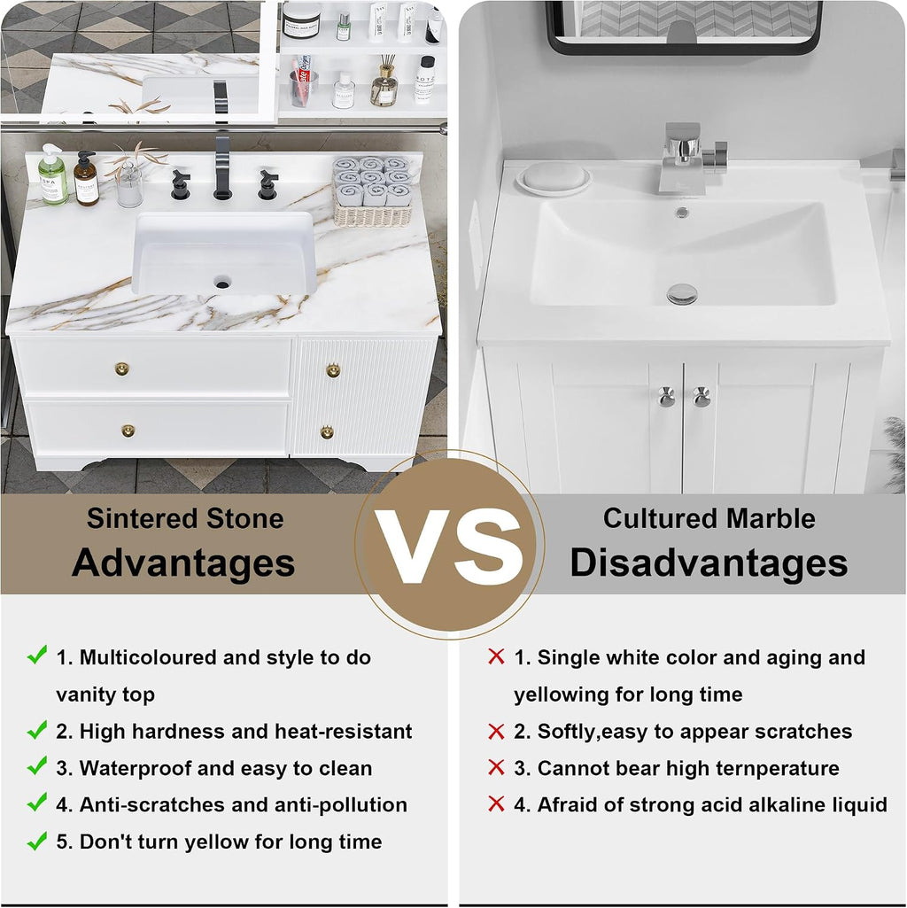 43 Inch Marble Vanity Top with Sink, Sintered Stone Vanity Sink Top with Undermount Ceramic Sink & Backsplash, Single Hole Countertops for Bathroom (Belly Golden)