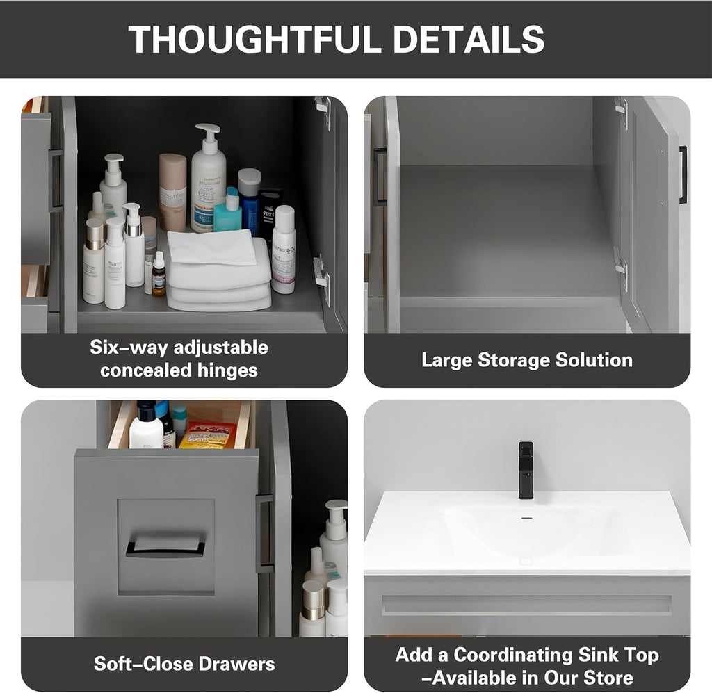 Gray Shaker Bathroom Vanity Sink Base with Drawers 36 in Ready-to-Assemble Cabinet