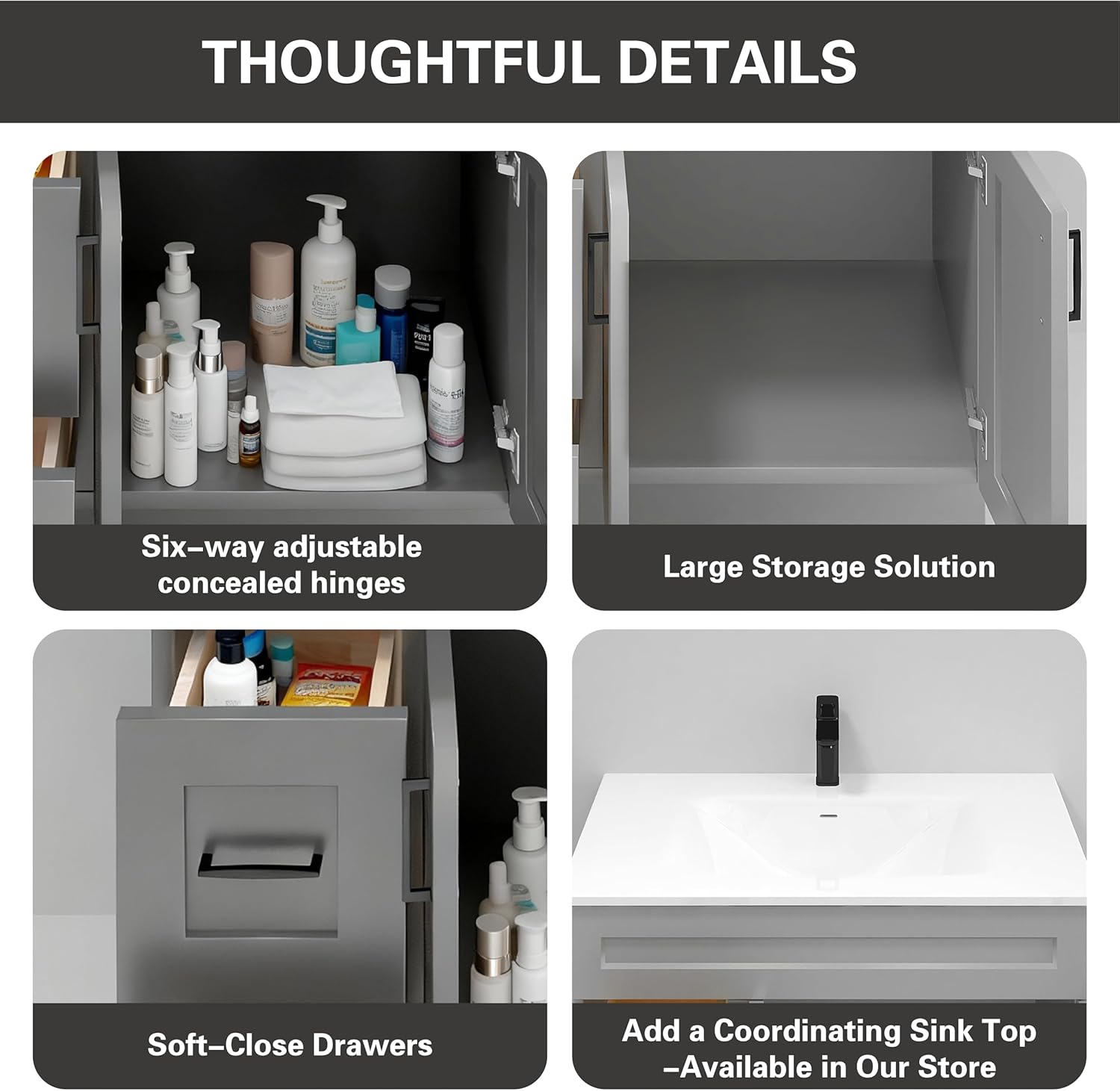 Gray Shaker Bathroom Vanity Sink Base with Drawers 36 in Ready-to-Assemble Cabinet