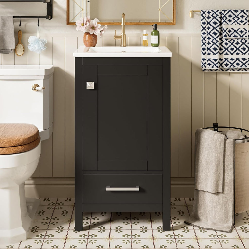 VilroCaz Modern 18'' Bathroom Vanity with Top Sink, Freestanding Bathroom Storage Cabinet with Door and Divider Drawer, Single Sink Cabinet with Adjustable Plastic Foot Pads (Black+1 Drawer)