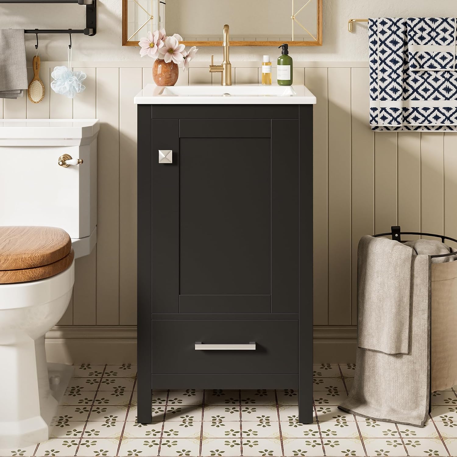 VilroCaz Modern 18'' Bathroom Vanity with Top Sink, Freestanding Bathroom Storage Cabinet with Door and Divider Drawer, Single Sink Cabinet with Adjustable Plastic Foot Pads (Black+1 Drawer)