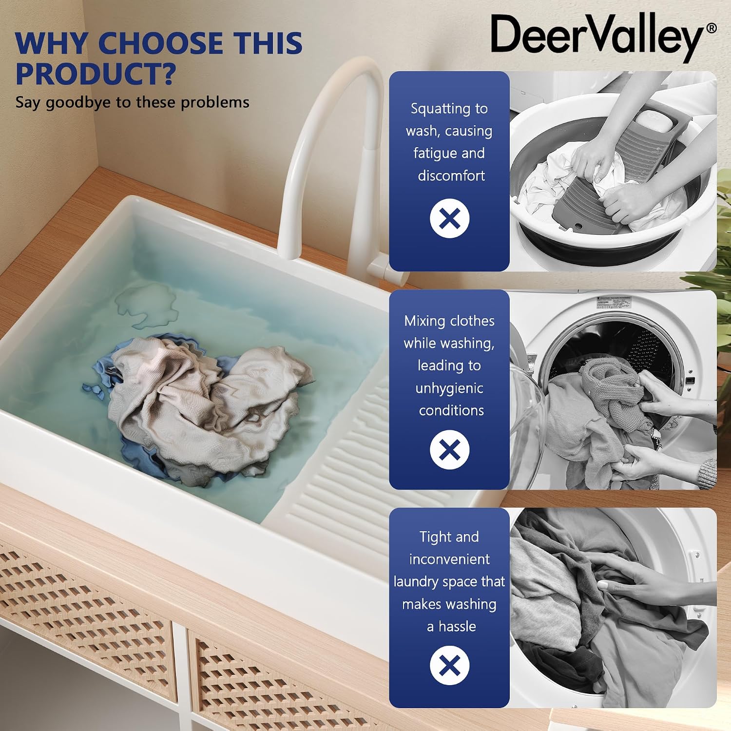 DeerValley 24x15 Inch Utility Vessel Sink, White Ceramic Rectangular Basin with Built-In Washboard and Side Drain, Laundry or Bathroom Sink, DV-1V0321