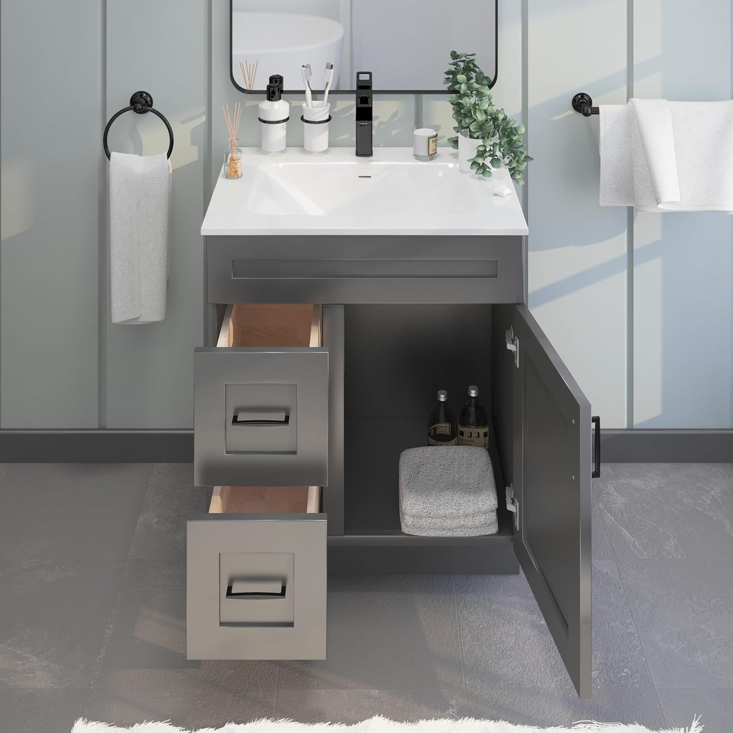 30' Shaker Bathroom Vanity Sink Base with Drawers (Ready-to-Assemble) (Grey Shaker Vanity Base)