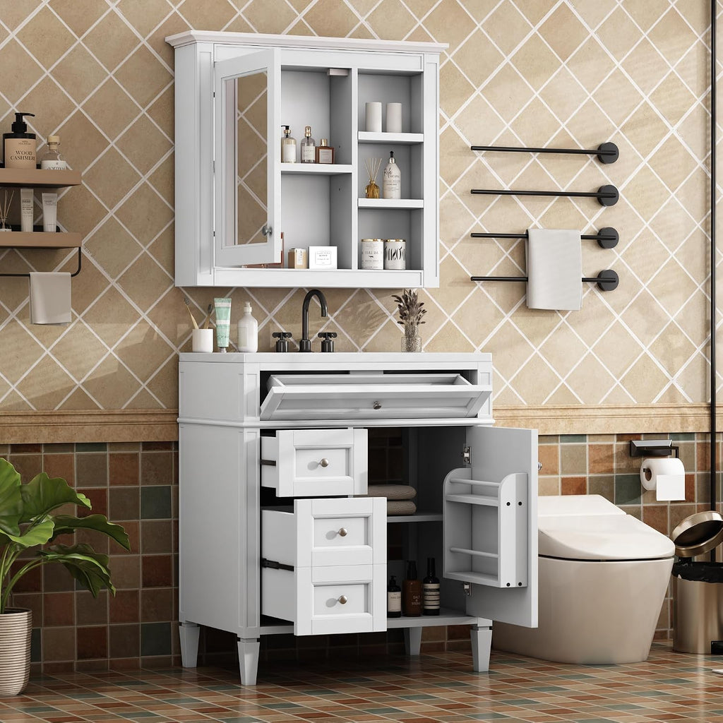 Merax 30' Bathroom Sink Vanity with Matching Medicine Cabinet Combo, Modern Bathroom Storage Cabinet, Solid Wood Frame, Painted Finish
