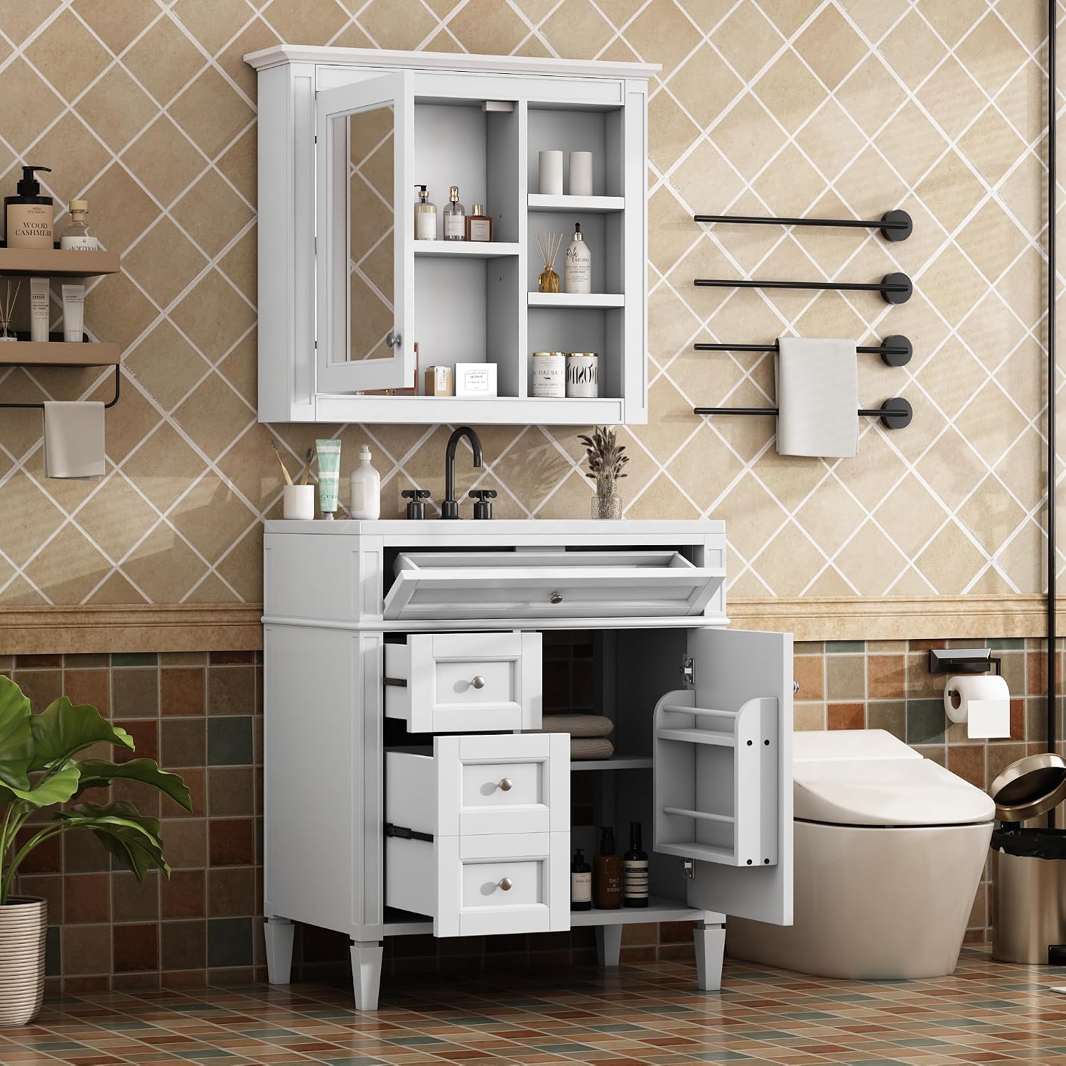 Merax 30' Bathroom Sink Vanity with Matching Medicine Cabinet Combo, Modern Bathroom Storage Cabinet, Solid Wood Frame, Painted Finish
