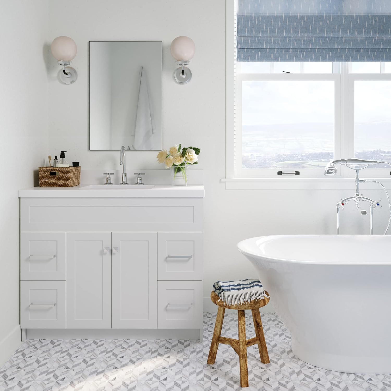 ARIEL Hamlet 42-inch Bathroom Vanity with Sink,Solid Wood, 1.5-inch Pure White Quartz Countertop & Backsplash, Single Oval Sink, 2 Soft Closing Doors, 4 Dovetail Drawers, White