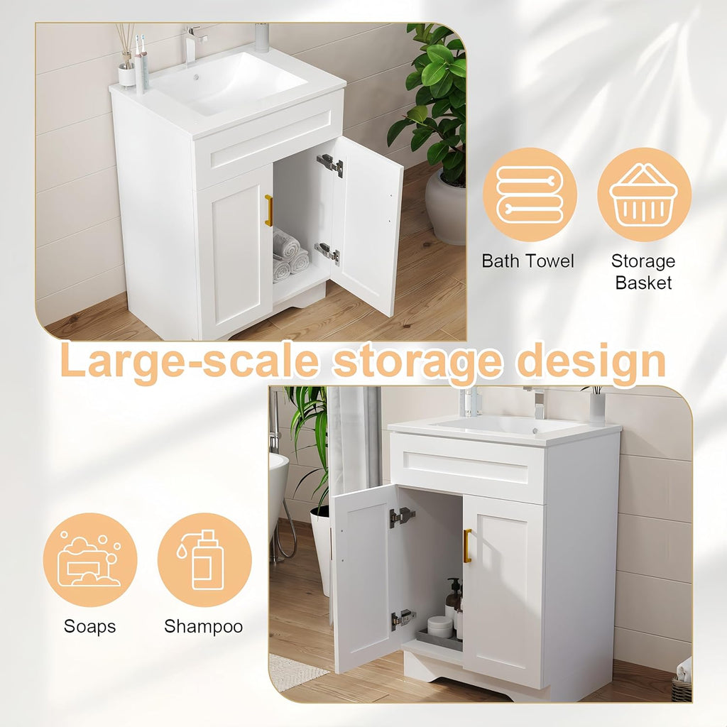 24 Inch Bathroom Vanity with Sink, Modern Bathroom Vanity with Ceramic Basin and Countertop, Narrow Design for Small Bathroom, White