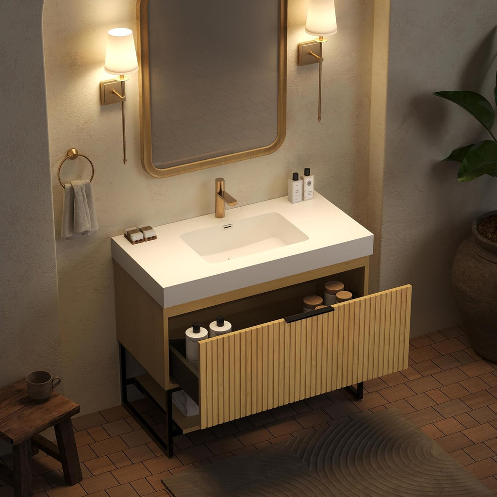 36'' Modern Bathroom Vanity with Sink, Freestanding Oak Plywood Cabinet with Rectangular Acrylic Integrated Basin, Bathroom Vanities Cabinet with Drawer and Open Shelf-Lund, Golden Oak