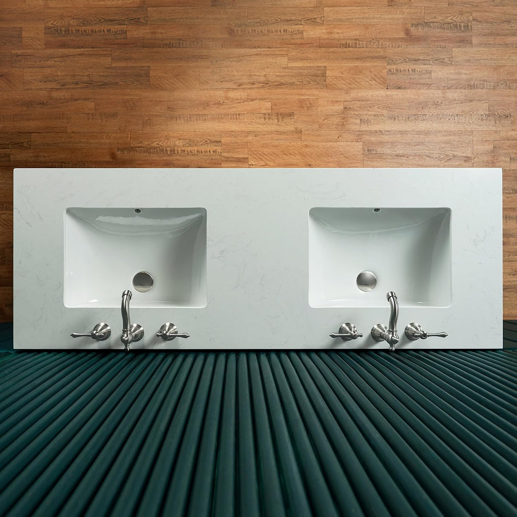 Woodbridge 60'x22' Bathroom Vanity with Double Ceramic Undermount Sinks, White Engineered Stone Top,3D Wave Pattern Cabinet Doors, Sleek Thin Legs,Glossy White Finish for a Clean, Modern Look