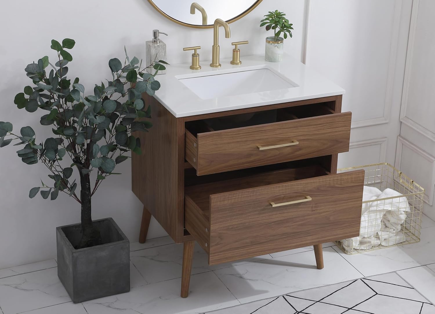 30' Pre-Assembled Bathroom Vanity with Sink, Engineered Wood, Ivory White Engineered Marble Countertop Attached, Single Rectangle Porcelain Sink, 2 Soft-Close Drawers, Walnut Brown
