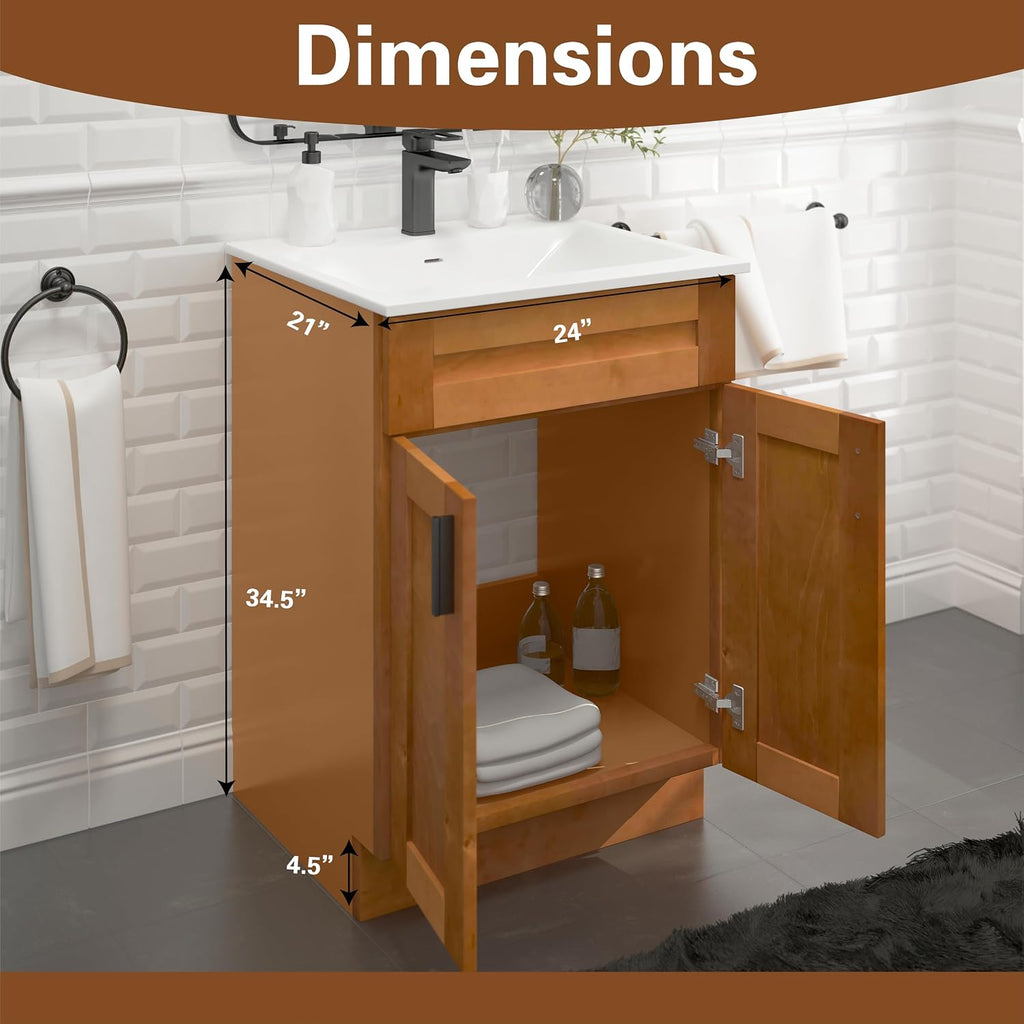 Maple Shaker Sink Base Bathroom Vanity 24'/30'/36' Width (24' Width)