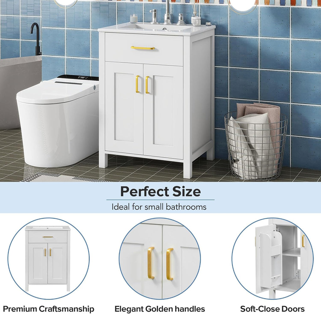Harper & Bright Designs 24' Bathroom Vanity with Sink, Free Standing Single Basin Vanity Set with 2 Soft-Close Doors and Drawer, Modern Wooden Bathroom Cabinet with Ceramic Basin for Bathroom, White