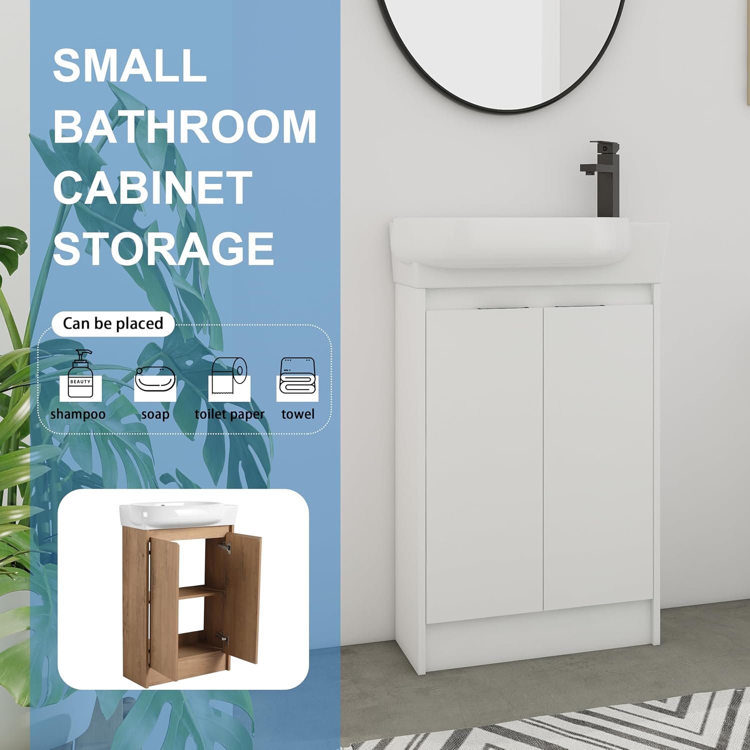 23' Small Bathroom Vanity with Sink, Freestanding Cabinet with Round Ceramic Basin, Soft Closing Doors, Adjustable Shelves, Modern Single Sink for Small Space, White