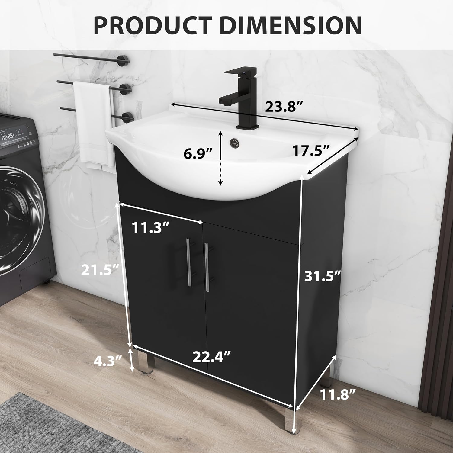 LUCKWIND 24 Inch Black Laundry Sink Cabinet Set with Ceramic Belly Bowl Sink and Faucet - Bathroom Vanity Combo, Ceramic Utility Sink for Laundry, Utility Room, Bathroom, Kitchen