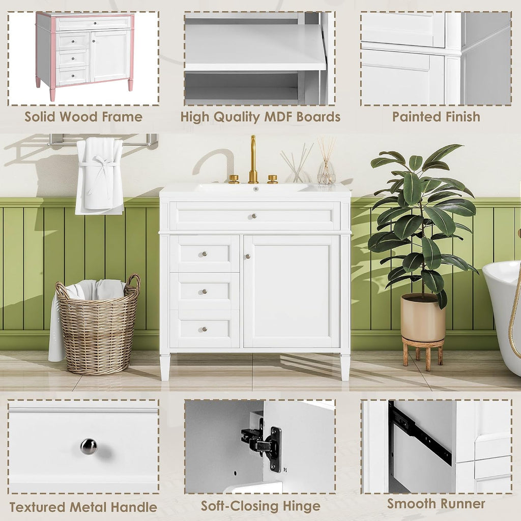 Merax 36 Inch Bathroom Vanity with Top Sink, Modern Bathroom Storage Cabinet with 2 Drawers and a Tip-Out Drawer, Solid Wood Frame Single Sink Bath Vanities, White