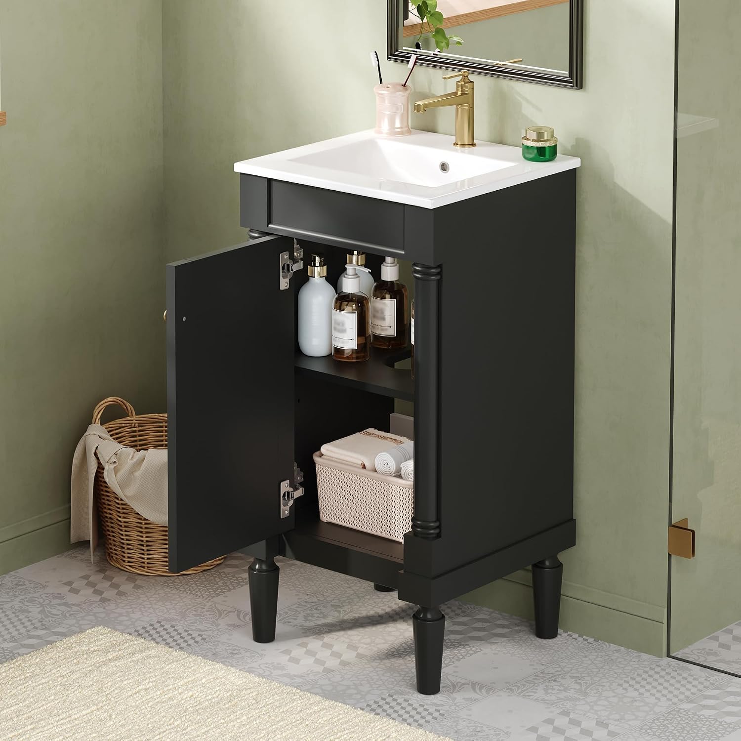18' Small Bathroom Vanity with Ceramic Sink Freestanding Bathroom Vanity with 1 Soft-Close Door,2-Tier Storage Cabinet with Adjustable Shelf Single Sink Vanity with Roman Column Base,Black