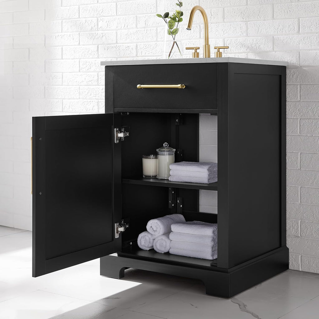 Clara Black 24-Inch Single Bathroom Vanity with Sink, Wood Single Shaker Door Cabinet with Adjustable Shelf, Nickel and Gold Handles, Pre-Drilled Marbled White Stone Top, Freestanding, Fully Assembled