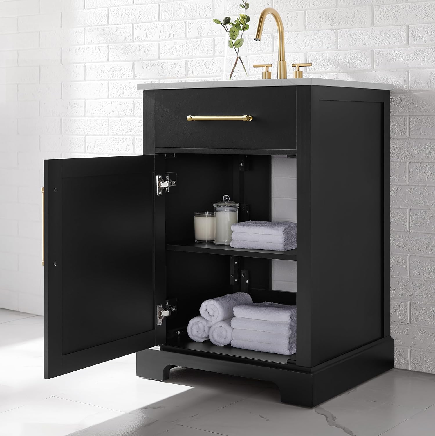 Clara Black 24-Inch Single Bathroom Vanity with Sink, Wood Single Shaker Door Cabinet with Adjustable Shelf, Nickel and Gold Handles, Pre-Drilled Marbled White Stone Top, Freestanding, Fully Assembled
