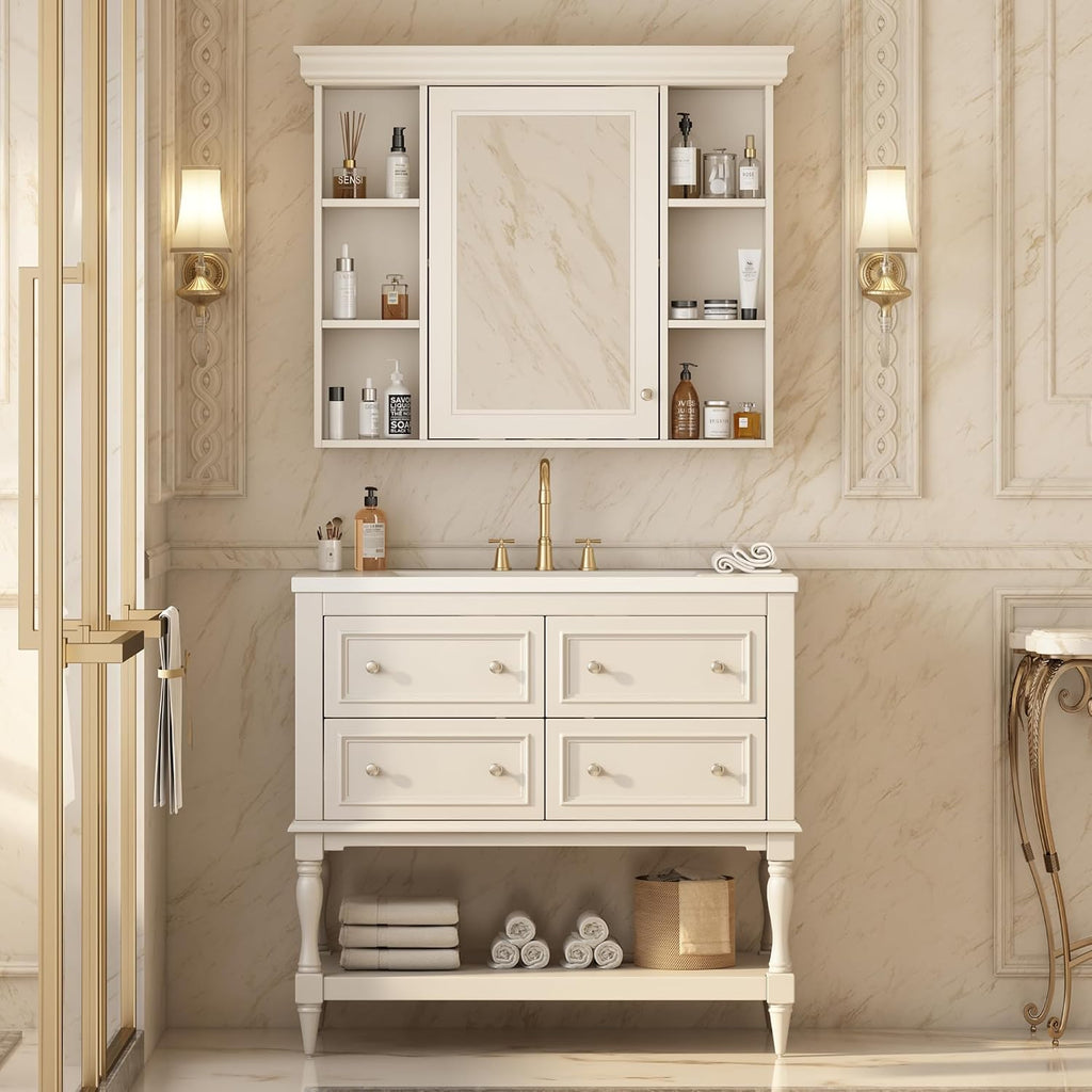 Virubi 36'' Bathroom Vanity with Single Sink, Freestanding Sink Cabinet with 4 Drawers and Open Shelf, Solid Wood Frame Bathroom Storage Cabinet