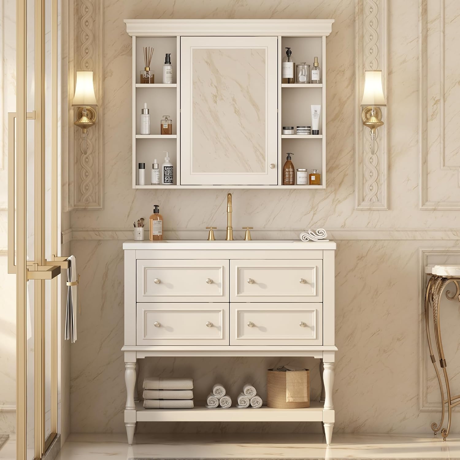 Virubi 36'' Bathroom Vanity with Single Sink, Freestanding Sink Cabinet with 4 Drawers and Open Shelf, Solid Wood Frame Bathroom Storage Cabinet
