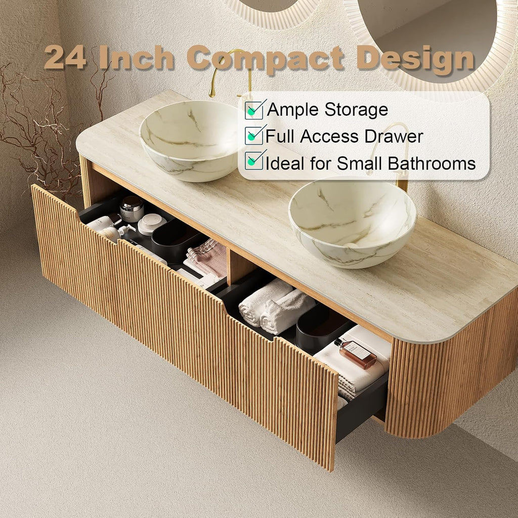 Eleshine 60' Wall Mounted Floating Bathroom Vanity with Double Sinks, 2 Drawers, Curved Edges, Matte White Ceramic Bowl Basins, Carrara White Sintered Stone Top, Pre-Assembled, Natural Woodgrain